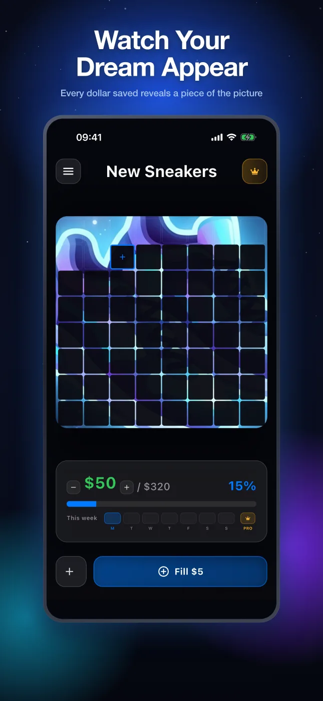 DreamBig app showing a savings goal revealed cell by cell