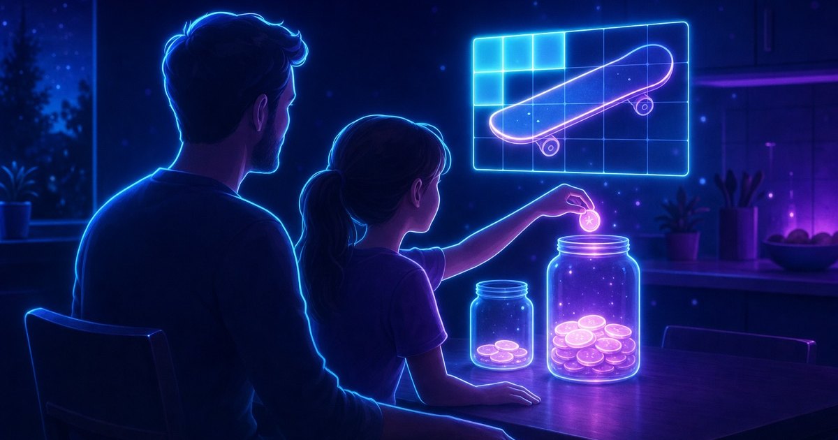 Illustration of a girl and her father at a kitchen table, sorting coins into two jars under a glowing skateboard picture split into squares