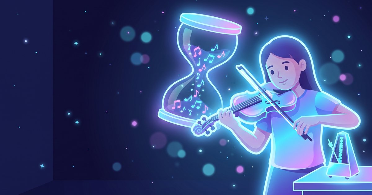 A young violinist practicing one tricky bar at a music stand while a parent listens nearby and a sticky note marks the spot to fix