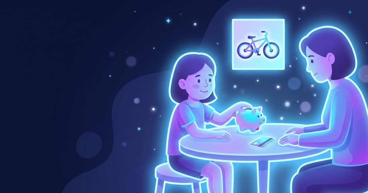 Illustration of a girl and her father at a kitchen table with a small bank passbook, a glass jar of coins and a picture of a bike split into squares