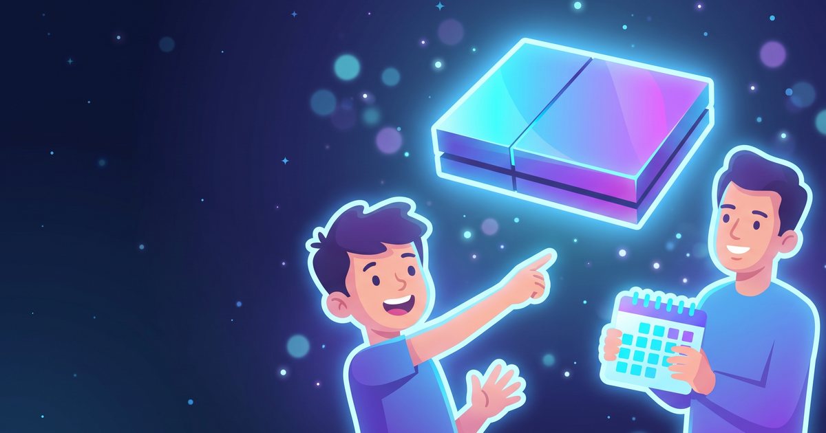 Illustration of a parent and a preteen at a kitchen table, a game console picture split into squares between them, the lower squares colored in