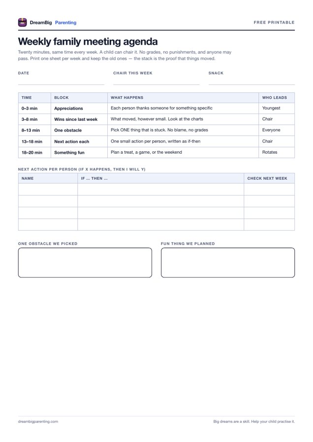 Preview of the Weekly family meeting agenda printable: an A4 sheet from DreamBig Parenting
