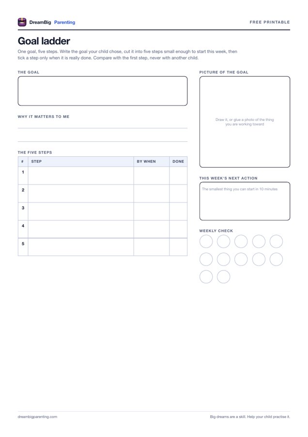Preview of the Goal ladder printable: an A4 sheet from DreamBig Parenting