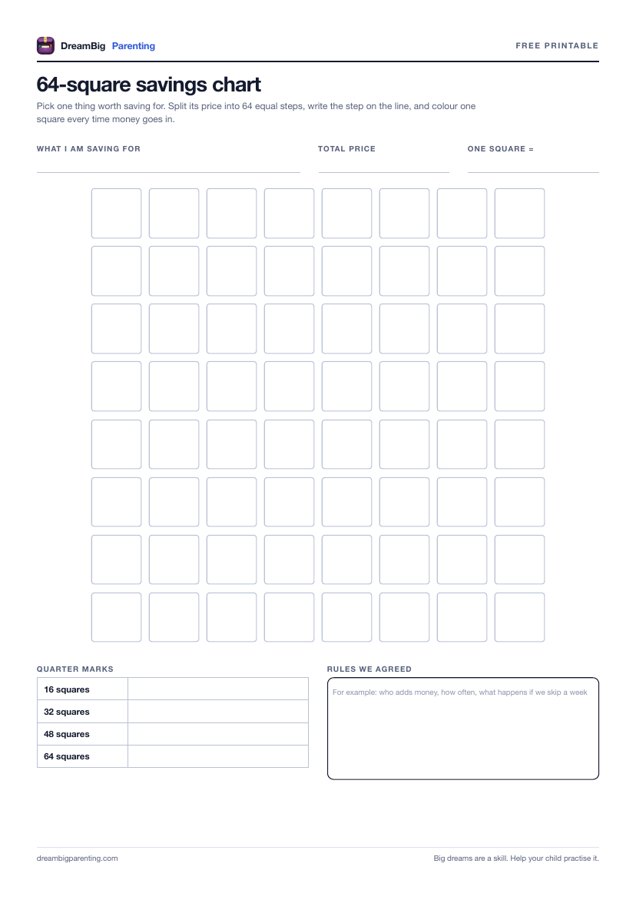 Preview of the 64-square savings chart printable: an A4 sheet from DreamBig Parenting