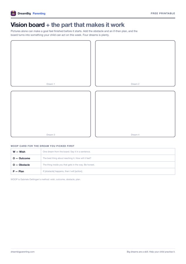Preview of the Vision board + WOOP card printable: an A4 sheet from DreamBig Parenting